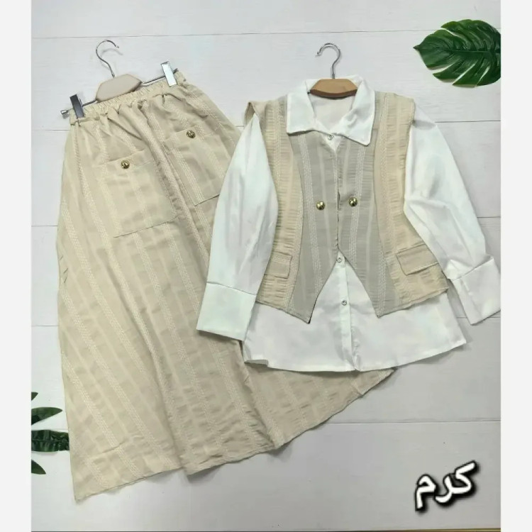 ست سه تیکه زنانه مدل ژینا جنس شانتون و داکرون سایز فری 38 تا 46