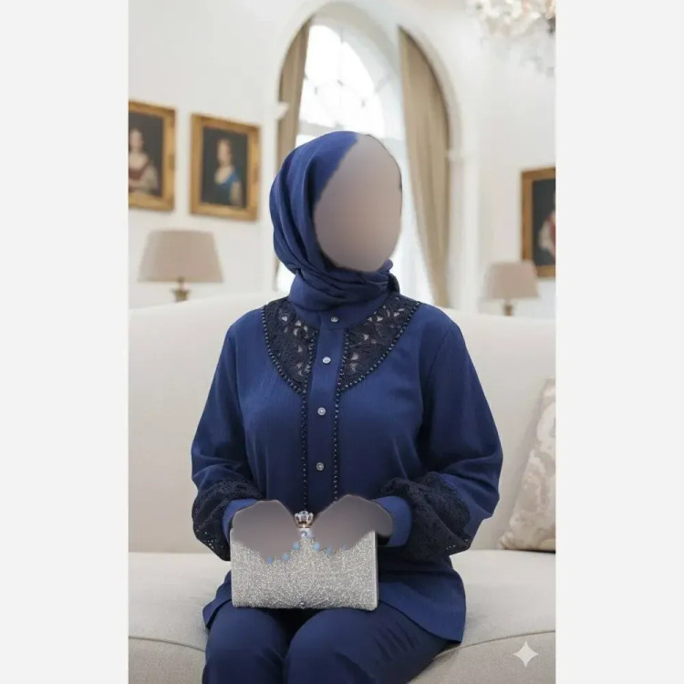 شومیز زنانه مدل ملورین جنس آیوا با خرجکار گیپور و کریستال سایز بزرگ 38 تا 58