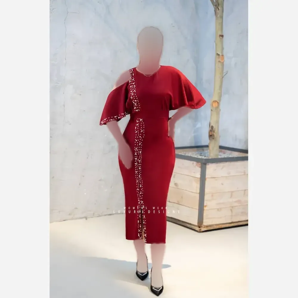 پیراهن زنانه مدل السونا جنس غواصی رنگ زرشکی قد 130 سایز 42-44