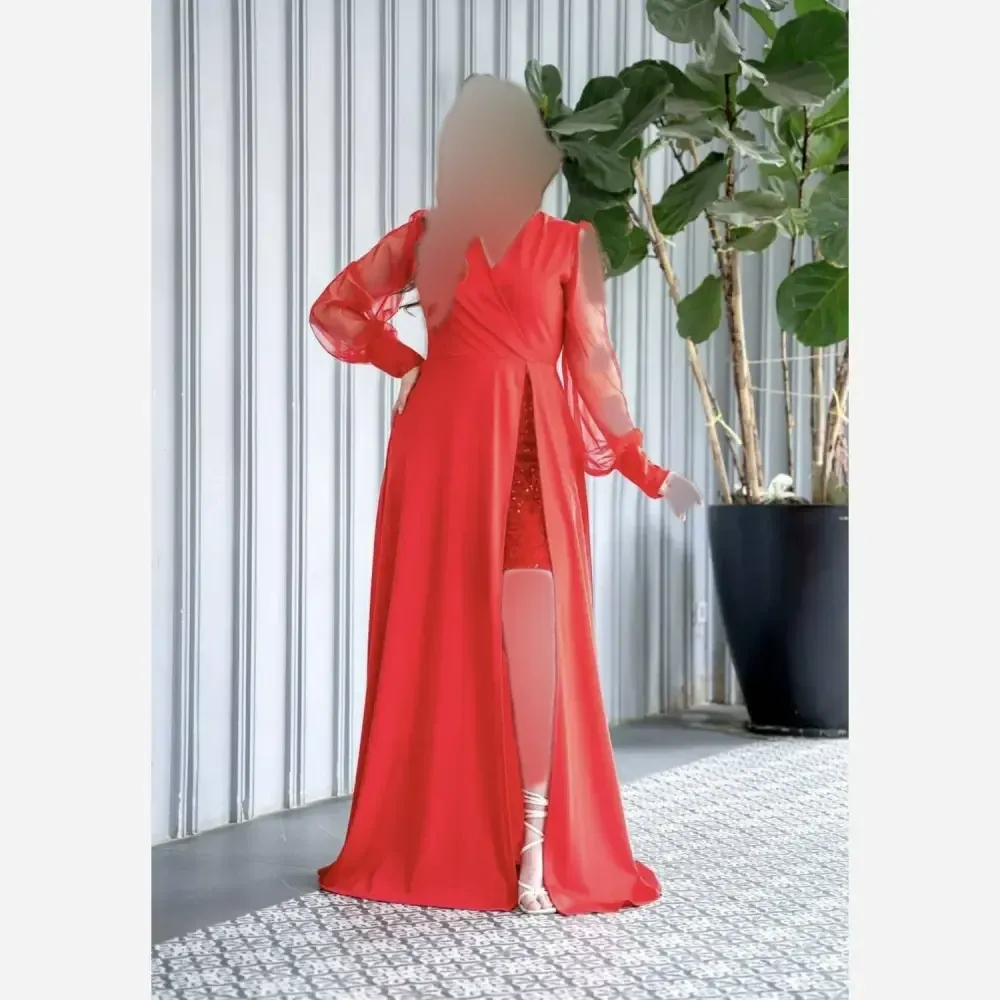 پیراهن مجلسی زنانه مدل خورشاد قرمز جنس کرپ و پولک مخمل قد 160 سایز 38 تا 50