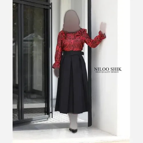 ست بلوز و دامن مدل لونا جنس شومیز کرپ طرح دار و دامن کتان همراه با کمربند