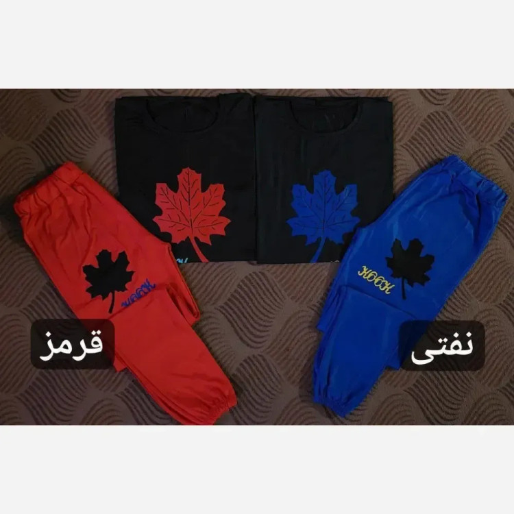 ست دوتیکه تیشرت لانگ و شلوار دمپا کش طرح برگ سایز بزرگ زنانه جنس دورس اسپان