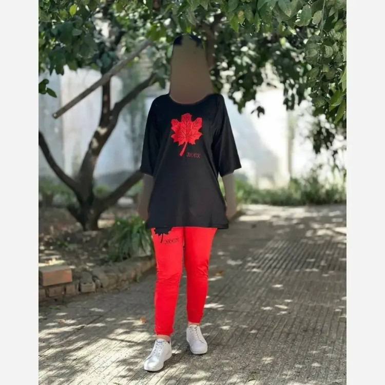 ست دوتیکه تیشرت لانگ و شلوار دمپا کش طرح برگ سایز بزرگ زنانه جنس دورس اسپان