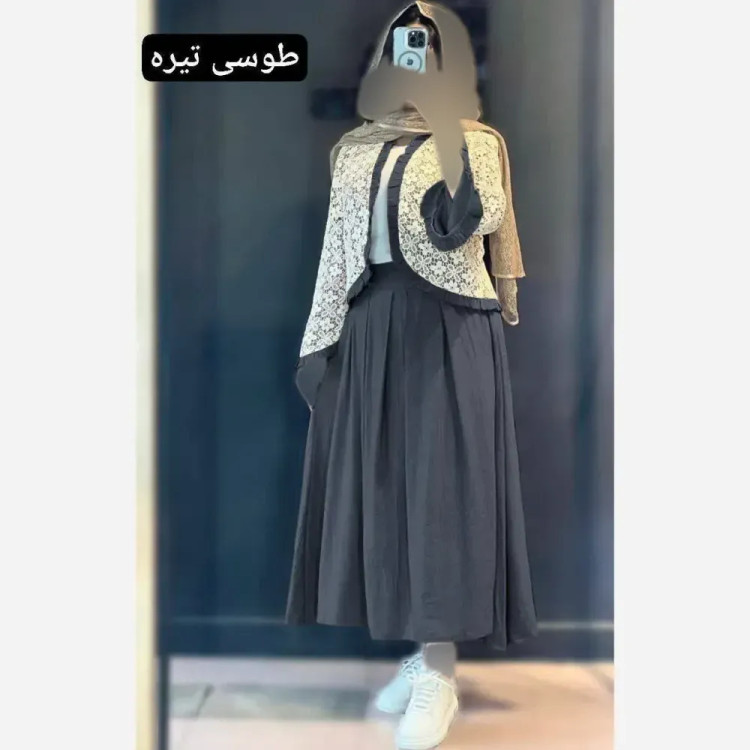 ست شومیز و دامن زنانه مدل ترمه جنس شانتون و دانتل فری سایز تا 46