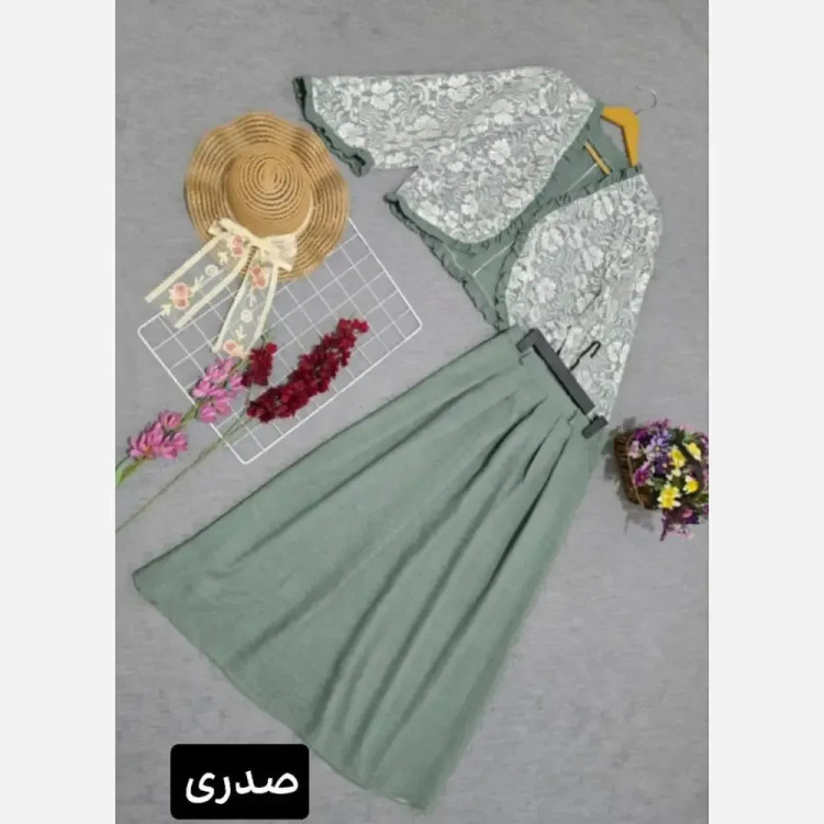 ست شومیز و دامن زنانه مدل ترمه جنس شانتون و دانتل فری سایز تا 46