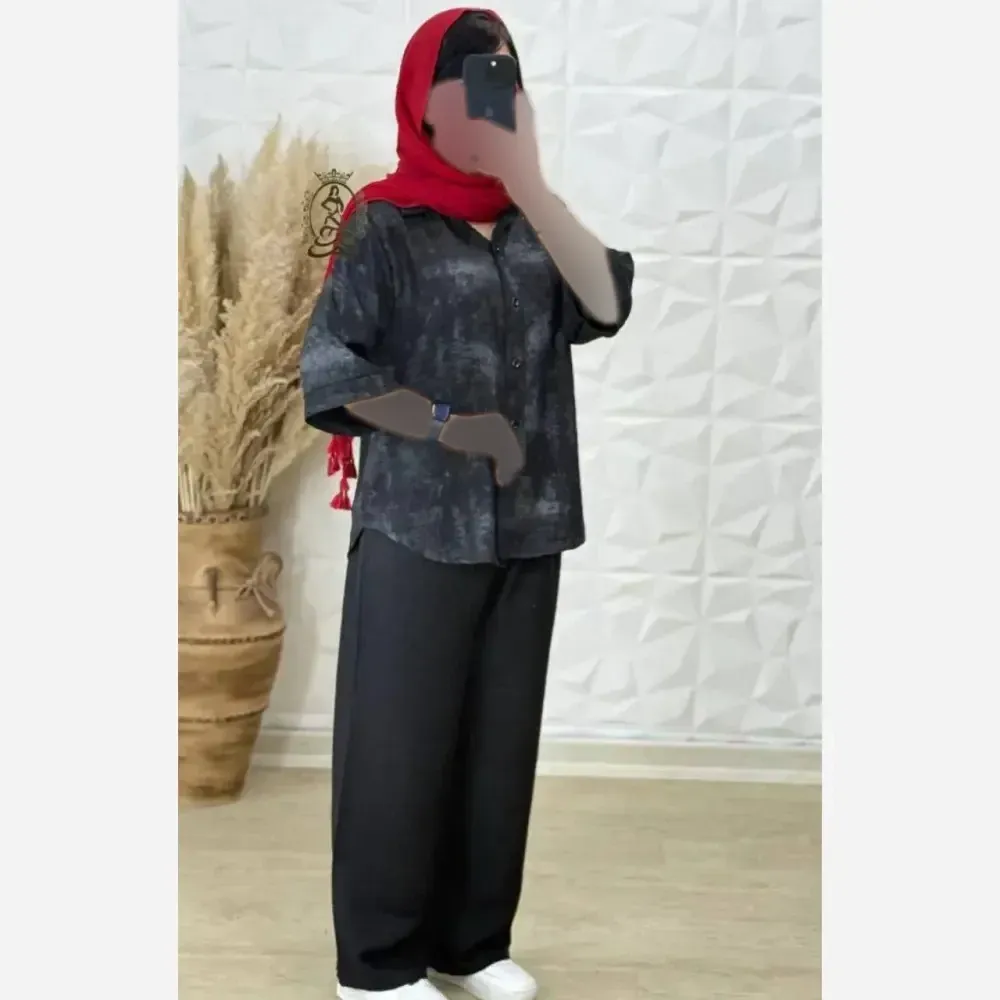 ست مانتو شلوار زنانه مدل ستاره جنس شانتون فری سایز تا 46 رنگ مشکی و کرمی