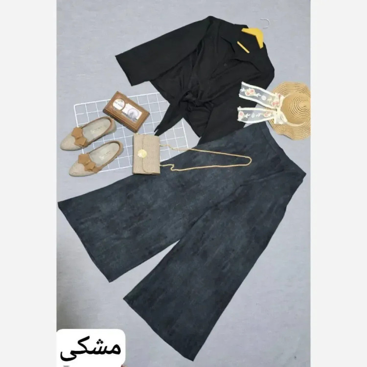 ست مانتو شلوار زنانه مدل ستاره جنس شانتون فری سایز تا 46 رنگ مشکی و کرمی