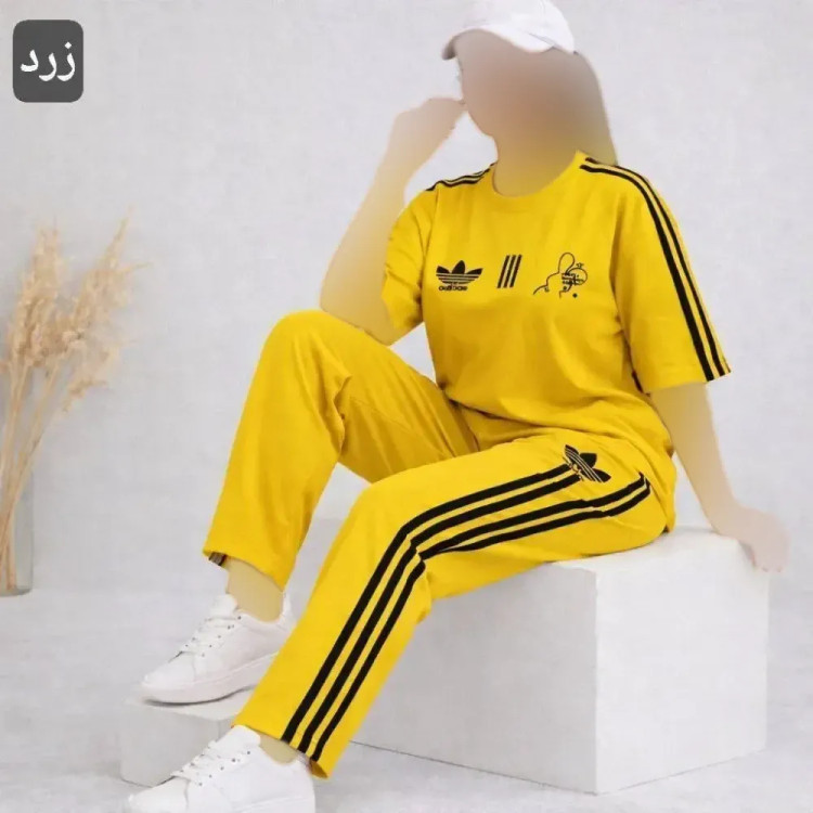 ست تیشرت و شلوار زنانه طرح ADIDAS جنس سوپر پنبه لاکرا رنگ زرد فری سایز