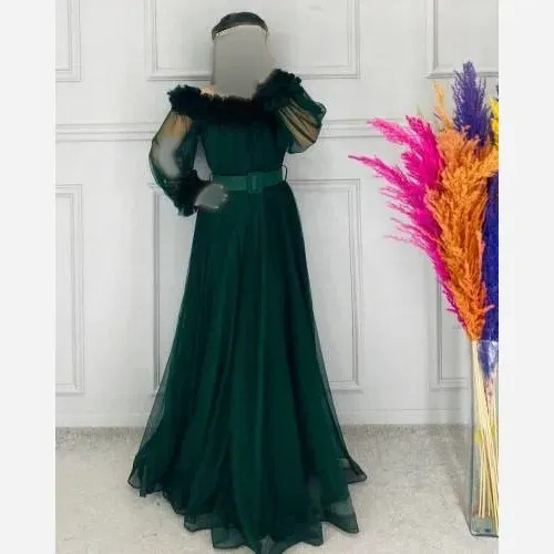 پیراهن مجلسی زنانه مدل تیفانی کد 2 جنس تور کش با کمربند قد 150
