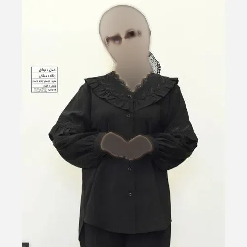 شومیز زنانه مدل نوگل جنس کرپ الیزه رنگ مشکی با نوار قلاب بافی سایز 38 تا 60