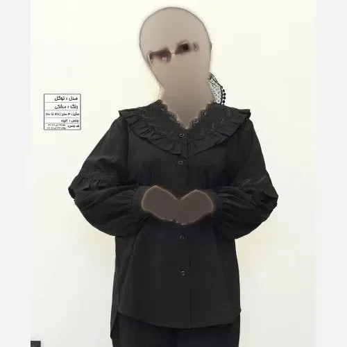 شومیز زنانه مدل نوگل جنس کرپ الیزه رنگ مشکی با نوار قلاب بافی سایز 38 تا 60