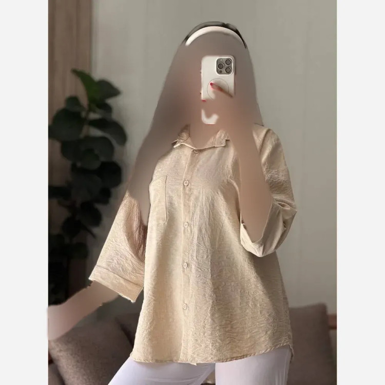 شومیز زنانه مدل دلین آستین پاکتی پارچه شانتون ژاکارد فری سایز