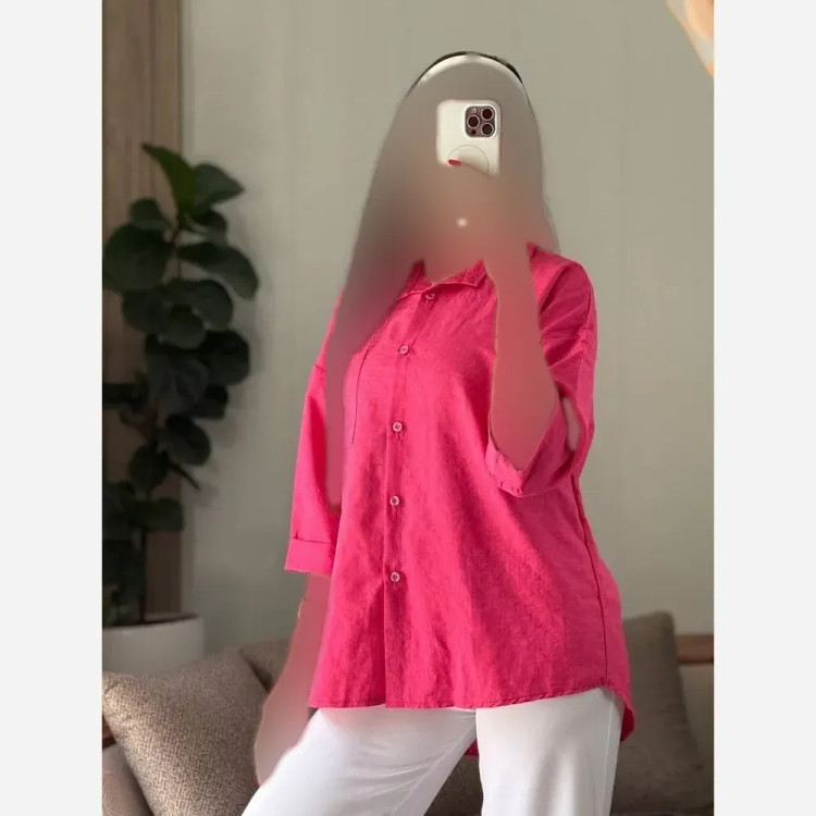شومیز زنانه مدل دلین آستین پاکتی پارچه شانتون ژاکارد فری سایز