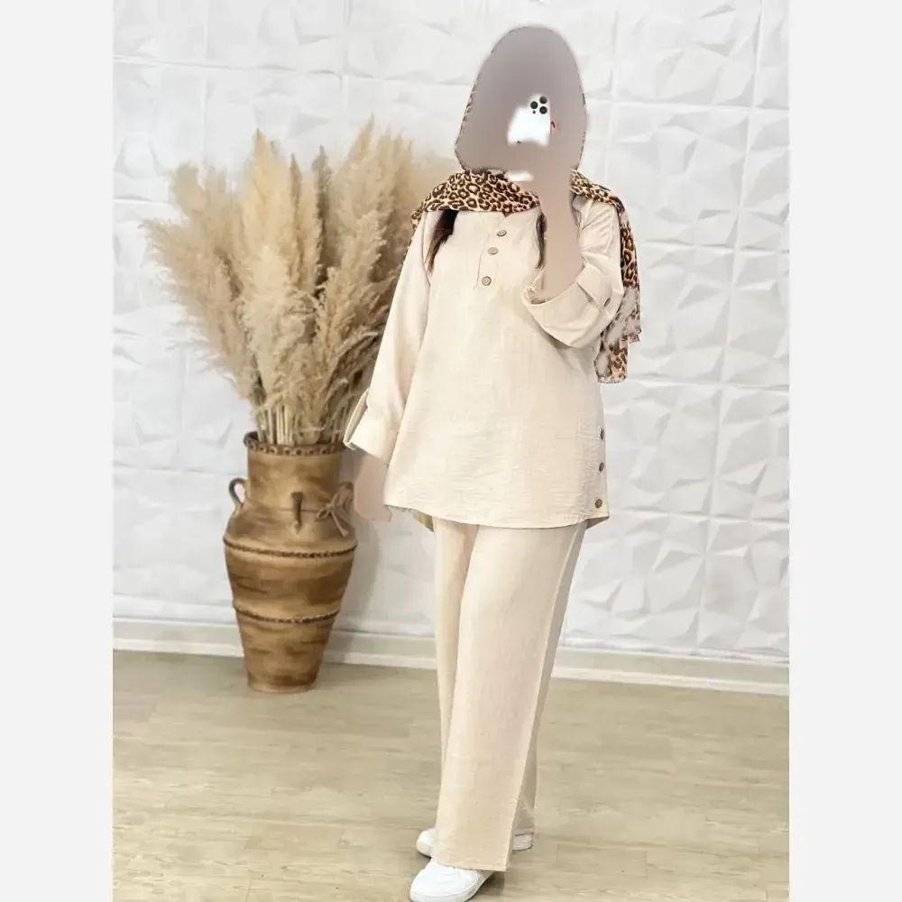 ست شومیز و شلوار زنانه مدل بغل دکمه جنس سوپر آیوا فری سایز