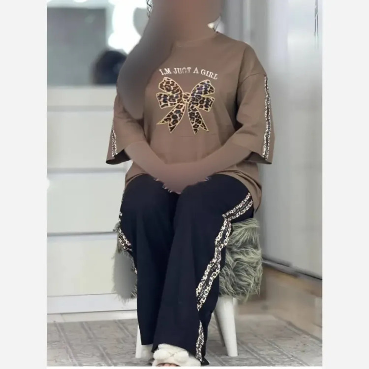 ست تیشرت و شلوار زنانه مدل پاپیون پلنگی جنس گلکسی پنبه فری سایز 38 تا 48