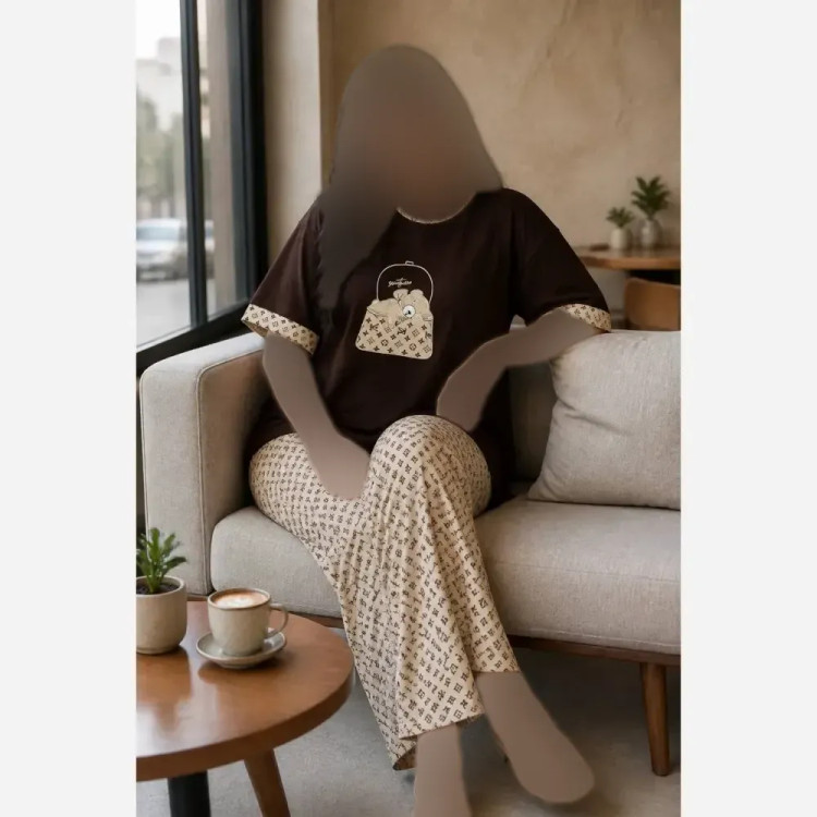 ست تیشرت و شلوار زنانه طرح LV مدل عروسکی جنس گلکسی نخ پنبه سایز فری 38 تا 48