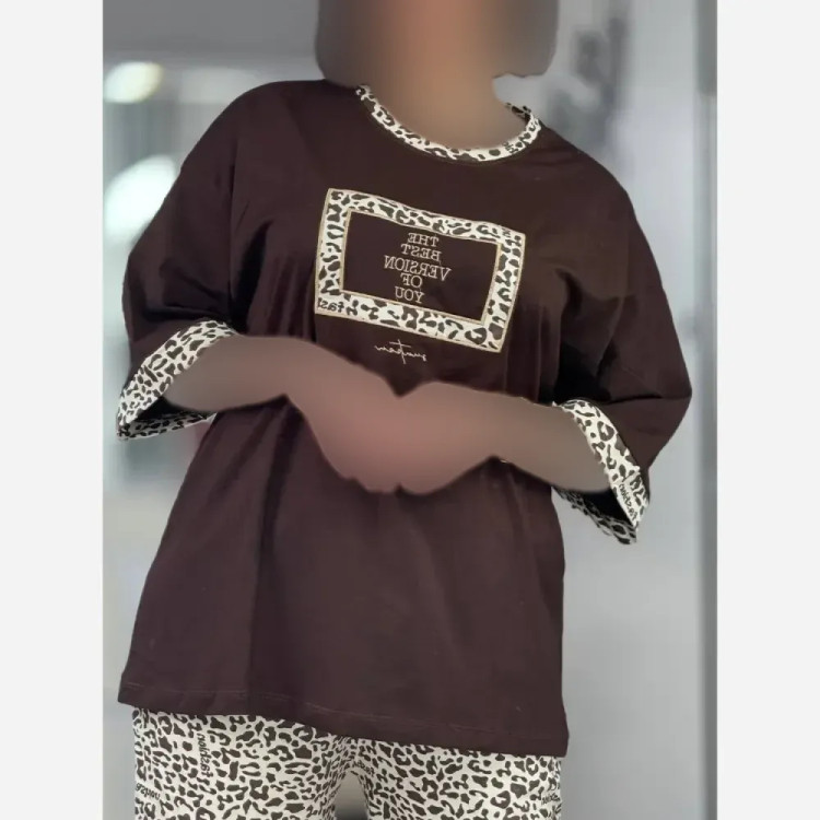 ست تیشرت و شلوار زنانه طرح پلنگی جنس گلکسی پنبه فری سایز 38 تا 48