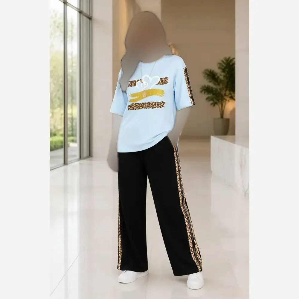 ست تیشرت و شلوار زنانه مدل قلب شاین جنس گلکسی پنبه سایز 38 تا 48