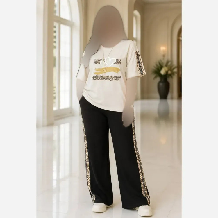 ست تیشرت و شلوار زنانه مدل قلب شاین جنس گلکسی پنبه سایز 38 تا 48
