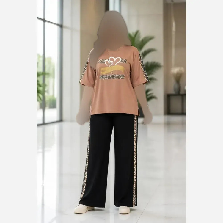 ست تیشرت و شلوار زنانه مدل قلب شاین جنس گلکسی پنبه سایز 38 تا 48