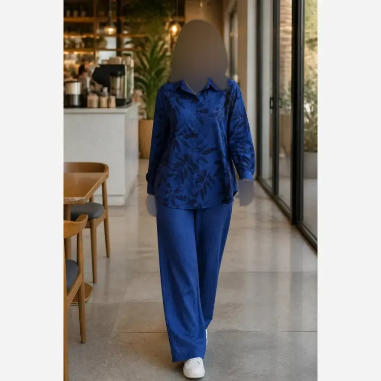 ست شومیز و شلوار زنانه مدل برگ جنس شانتون وارداتی فری سایز 38 تا 50