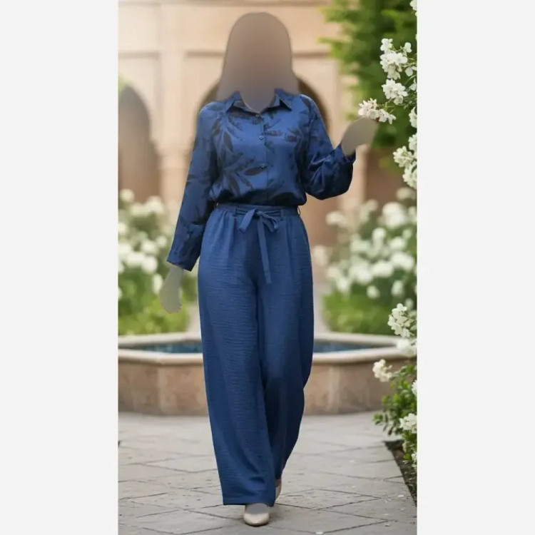 ست شومیز و شلوار زنانه مدل برگ جنس شانتون وارداتی فری سایز 38 تا 50