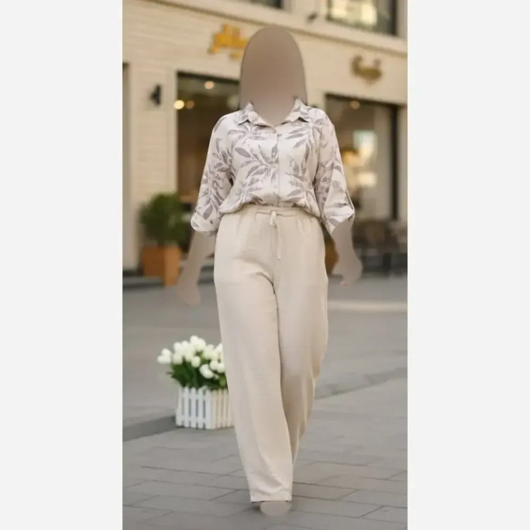 ست شومیز و شلوار زنانه مدل برگ جنس شانتون وارداتی فری سایز 38 تا 50