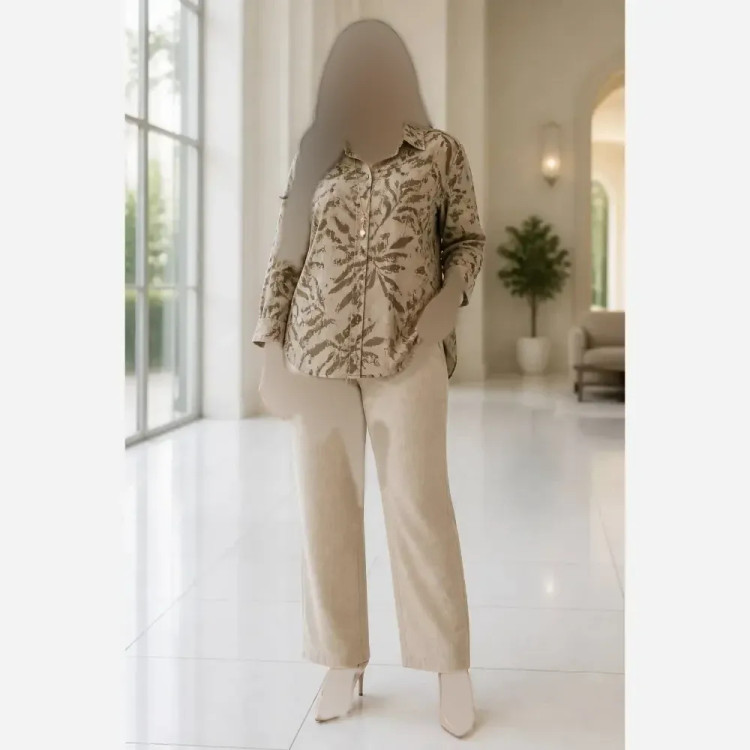 ست شومیز و شلوار زنانه مدل برگ جنس شانتون وارداتی فری سایز 38 تا 50