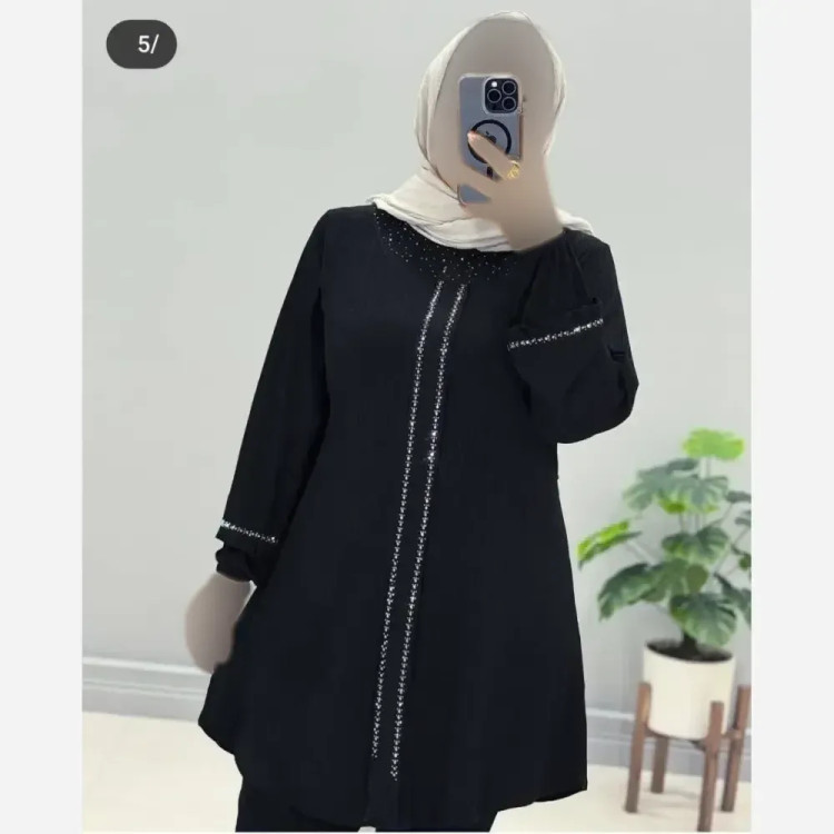 تونیک زنانه یقه گرد پیله دار نگین دار جنس کریشه پلاس وارداتی
