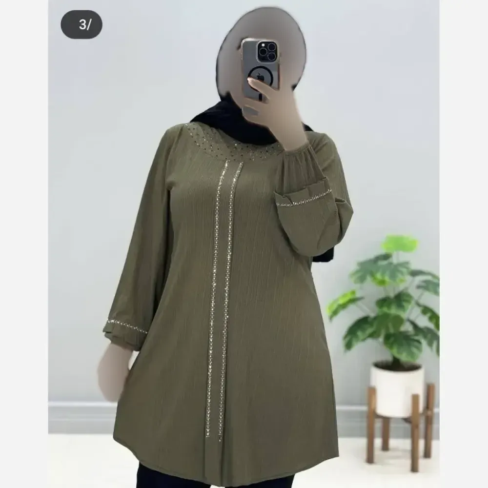 تونیک زنانه یقه گرد پیله دار نگین دار جنس کریشه پلاس وارداتی