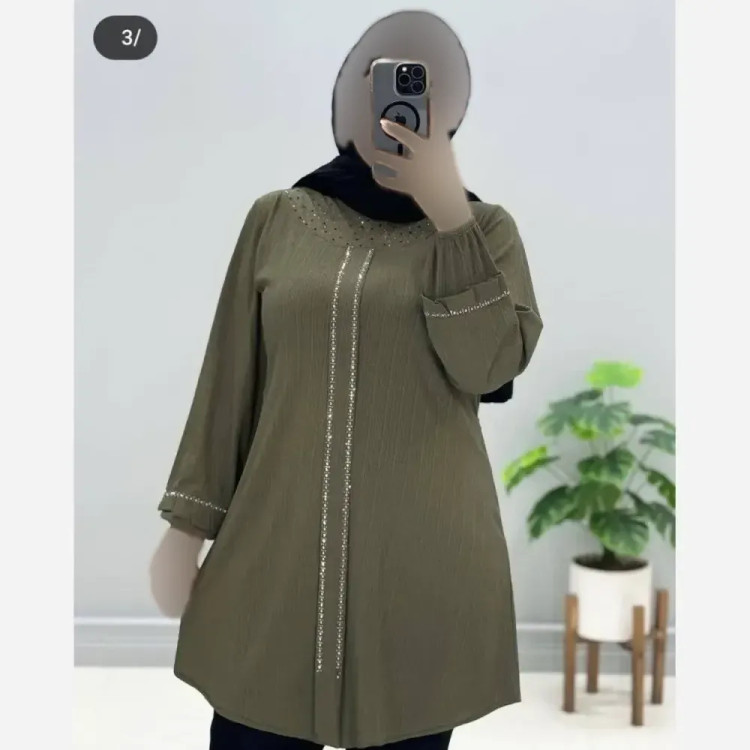 تونیک زنانه یقه گرد پیله دار نگین دار جنس کریشه پلاس وارداتی