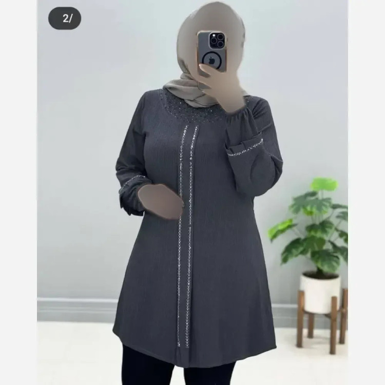 تونیک زنانه یقه گرد پیله دار نگین دار جنس کریشه پلاس وارداتی