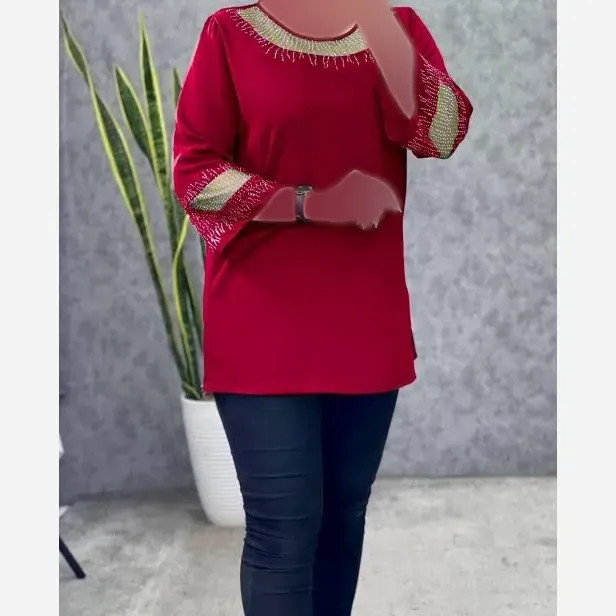 شومیز زنانه قواره دار مدل شیما جنس کرپ الیزه و حریر نگین کاری شده سایز بزرگ تا 60