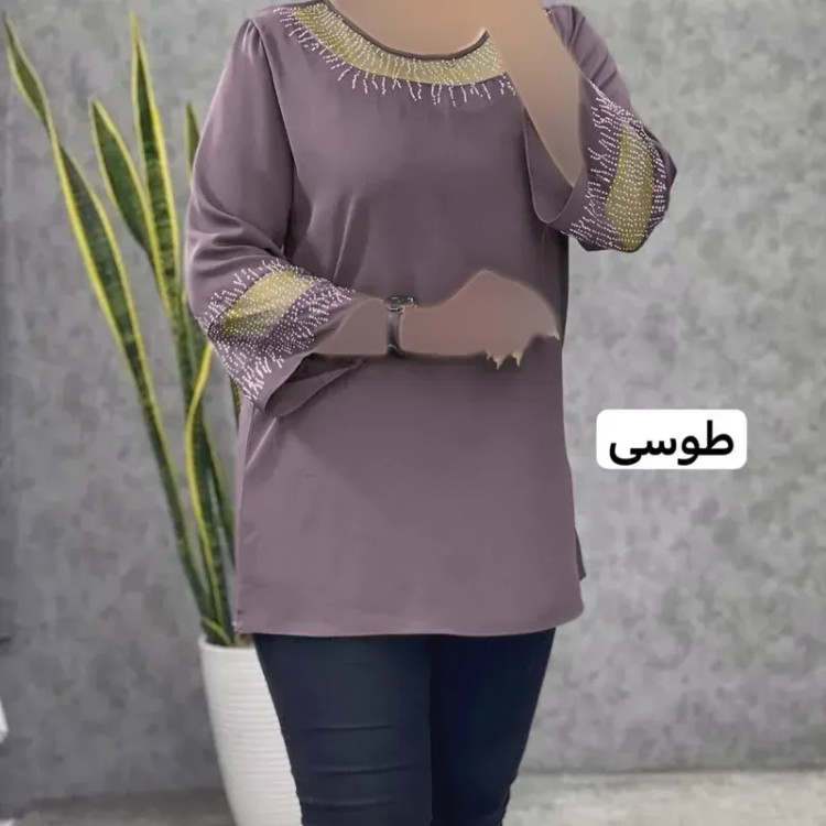 شومیز زنانه قواره دار مدل شیما جنس کرپ الیزه و حریر نگین کاری شده سایز بزرگ تا 60