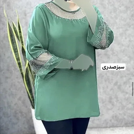 شومیز زنانه قواره دار مدل شیما جنس کرپ الیزه و حریر نگین کاری شده سایز بزرگ تا 60