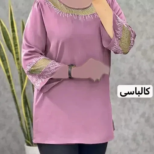 شومیز زنانه قواره دار مدل شیما جنس کرپ الیزه و حریر نگین کاری شده سایز بزرگ تا 60