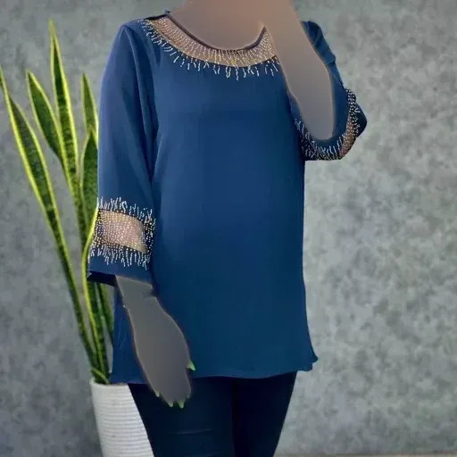 شومیز زنانه قواره دار مدل شیما جنس کرپ الیزه و حریر نگین کاری شده سایز بزرگ تا 60
