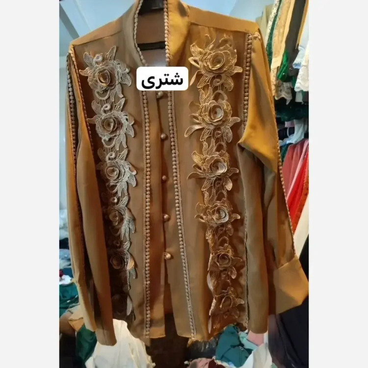 شومیز زنانه مجلسی الیزه مصری سایز بزرگ با خرج کار گیپور گل برجسته