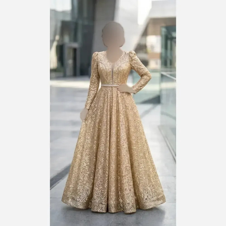 پیراهن مجلسی زنانه مدل بهار شاین با دامن تور ژپوندوزی شده قد 150