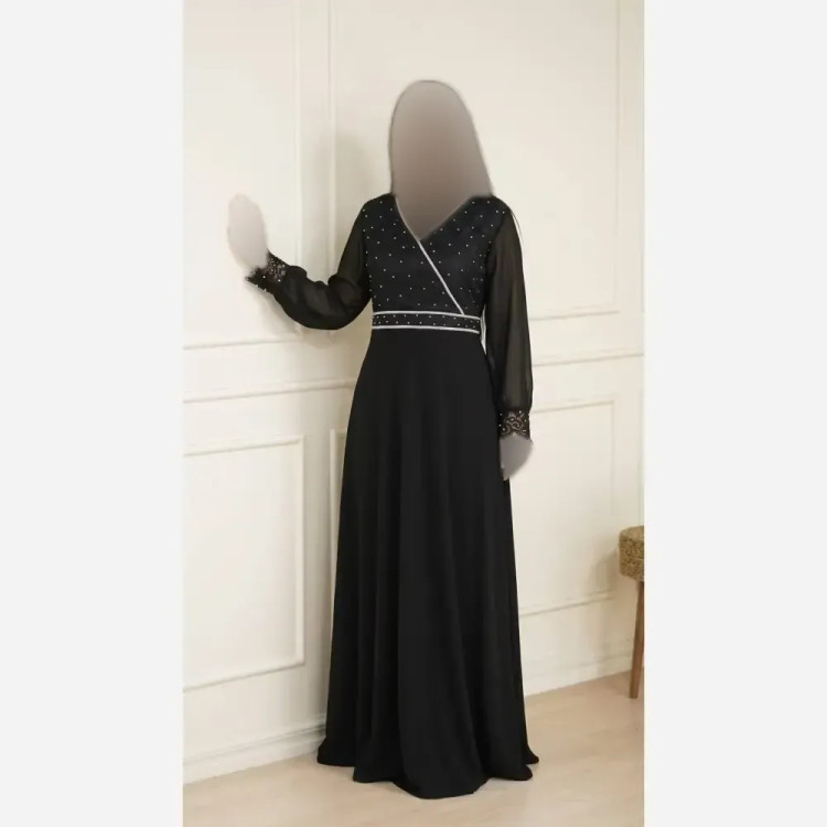 پیراهن مجلسی زنانه حریر و دانتل مشکی سایز بزرگ مدل غزل سایز 50 تا 62