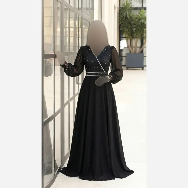 پیراهن مجلسی زنانه حریر و دانتل مشکی سایز بزرگ مدل غزل سایز 50 تا 62