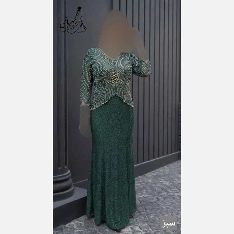 پیراهن ماکسی مجلسی زنانه سایز بزرگ مدل روناک با دامن لمه و نگینکاری شده سایز 44 تا 54