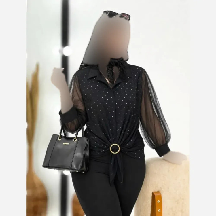 شومیز مجلسی زنانه مشکی نگیندار و تور مدل دلنواز سایز فری 38 تا 46