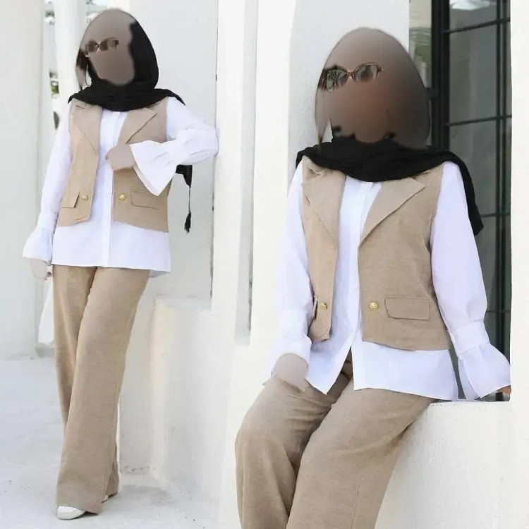 ست سه تیکه زنانه راویس شامل جلیقه، شلوار شانتون و شومیز داکرون فری سایز 38 تا 46