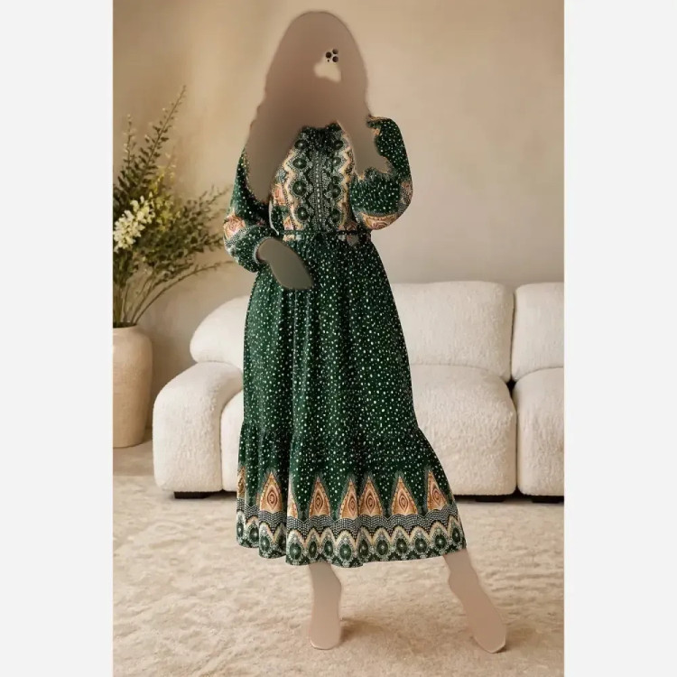 پیراهن زنانه طرح طاووس جنس بوگاتی فری سایز با کمربند متصل