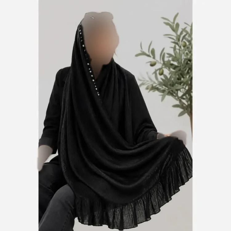 شال مجلسی زنانه طرح درختی دور دانتلی و لب نگین دار سایز 70 در 180 سانتیمتر