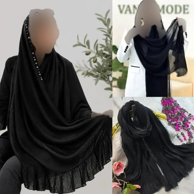 شال مجلسی زنانه طرح درختی دور دانتلی و لب نگین دار سایز 70 در 180 سانتیمتر