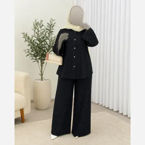 ست شومیز شلوار زنانه نگینی مدل دیبا جنس ژاکارد رنگ مشکی سایز 38 تا 48