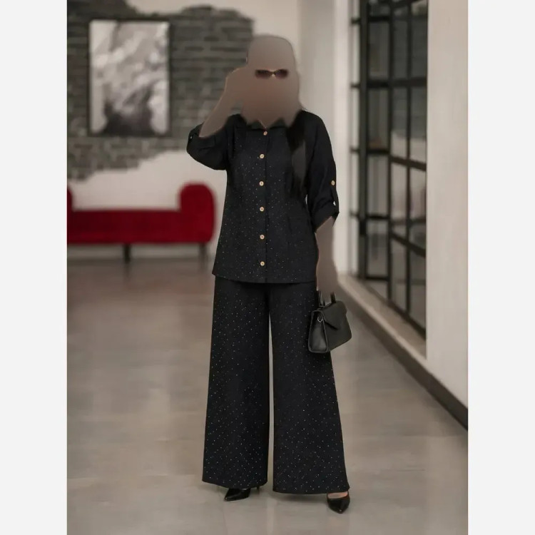 ست شومیز شلوار زنانه نگینی مدل دیبا جنس ژاکارد رنگ مشکی سایز 38 تا 48