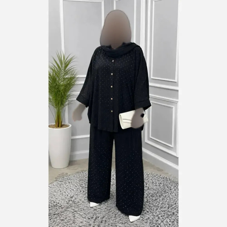 ست شومیز شلوار زنانه نگینی مدل دیبا جنس ژاکارد رنگ مشکی سایز 38 تا 48